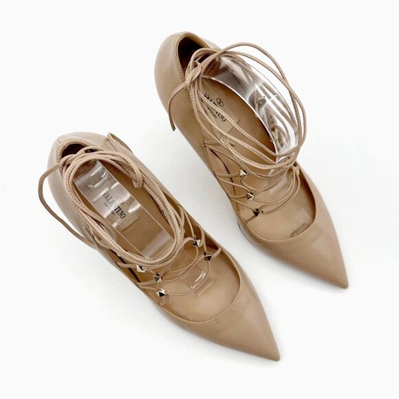 VALENTINO Rockstud Ankle Tie Wrap Strap Heels Size 40 Pointed Toe Leather Pumps - Picture 5 of 11